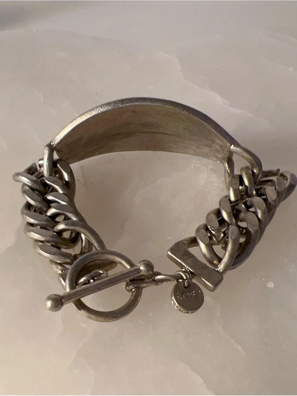 LOFT dark grey silver chunky toggle ID bracelet with Black oval centerpiece